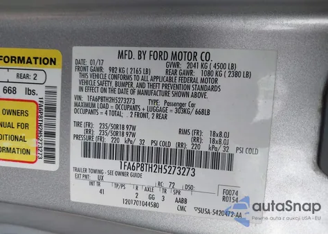 2017 Ford Mustang Ecoboost from USA, damaged, VIN 1FA6P8TH2H5273273